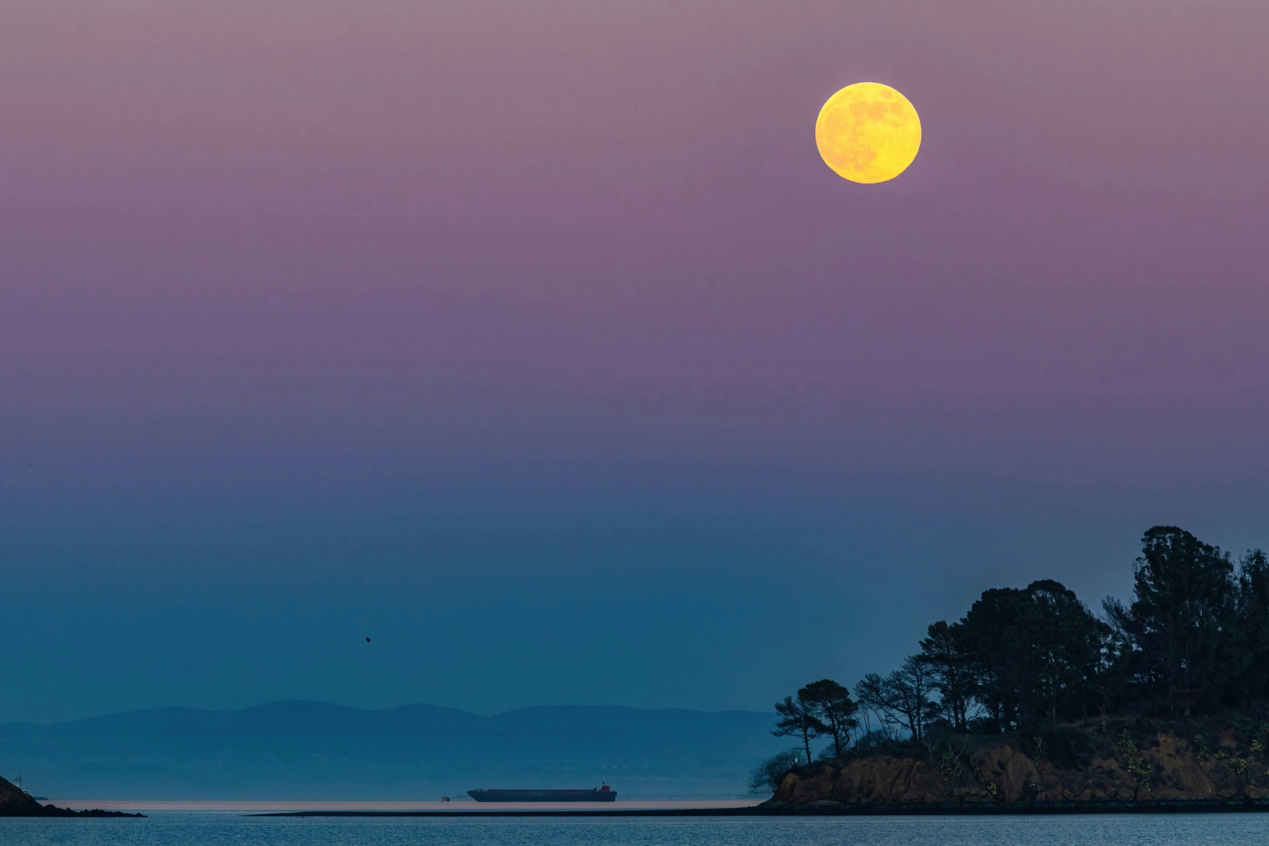 Full moon rising over calm sea with purple and blue twilight sky and distant silhouette of land