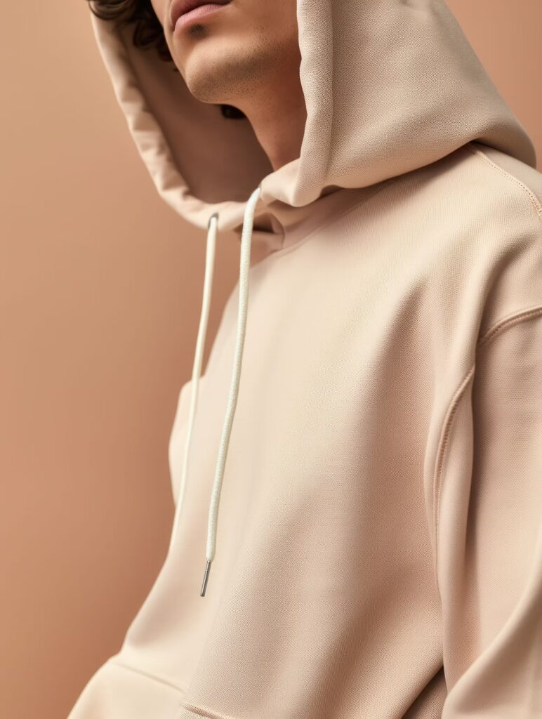 Close-up of person wearing a beige hoodie with drawstrings, minimalist fashion style